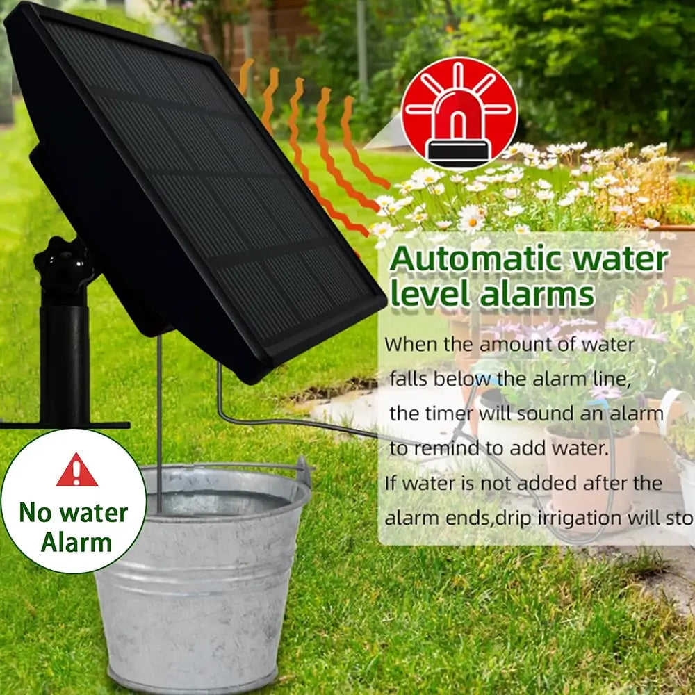 Solar-powered drip irrigation system with a black solar panel mounted on a metal stand above a galvanized bucket, shown in a grassy garden setting with text explaining automatic water level alarms.