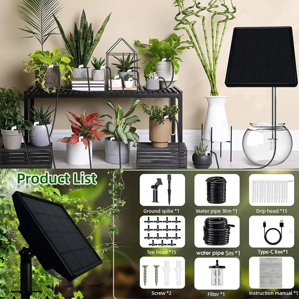 Collection of plants, a solar panel, and an irrigation system with product list overlay.