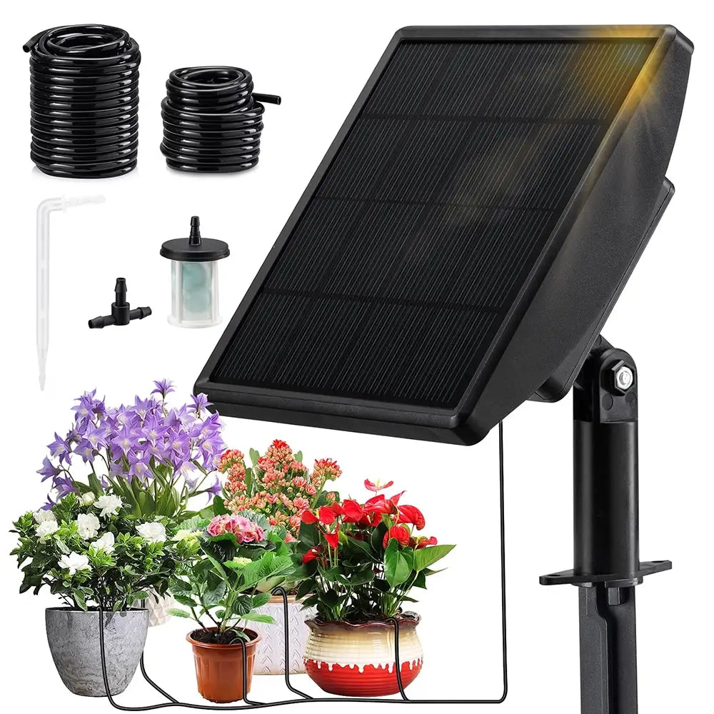 Solar-powered automatic watering system for garden plants, featuring a black solar panel mounted on a pole, coiled black tubing, a clear tube, a small pump container with cap, and several potted colorful flowers shown below to demonstrate use.
