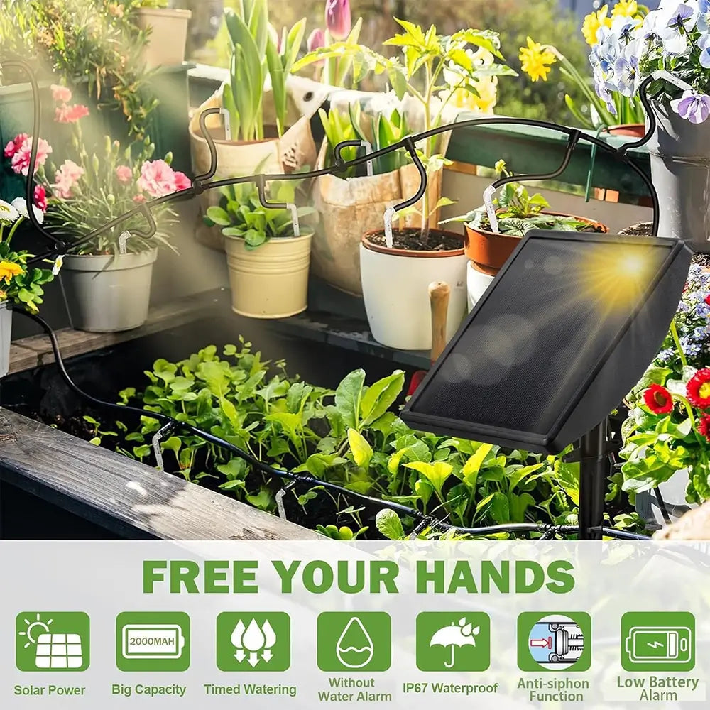 Solar-powered watering system with plants and flowers in a garden setting