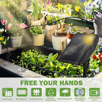 Solar-powered watering system with plants and flowers in a garden setting