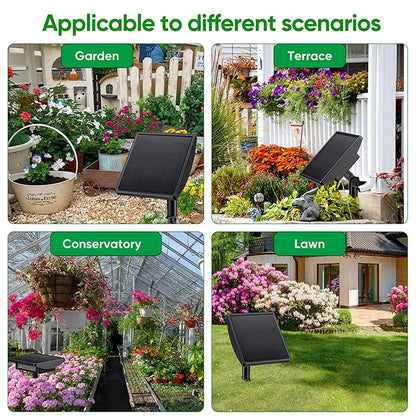 Solar panel in various outdoor settings including garden, terrace, conservatory, and lawn.