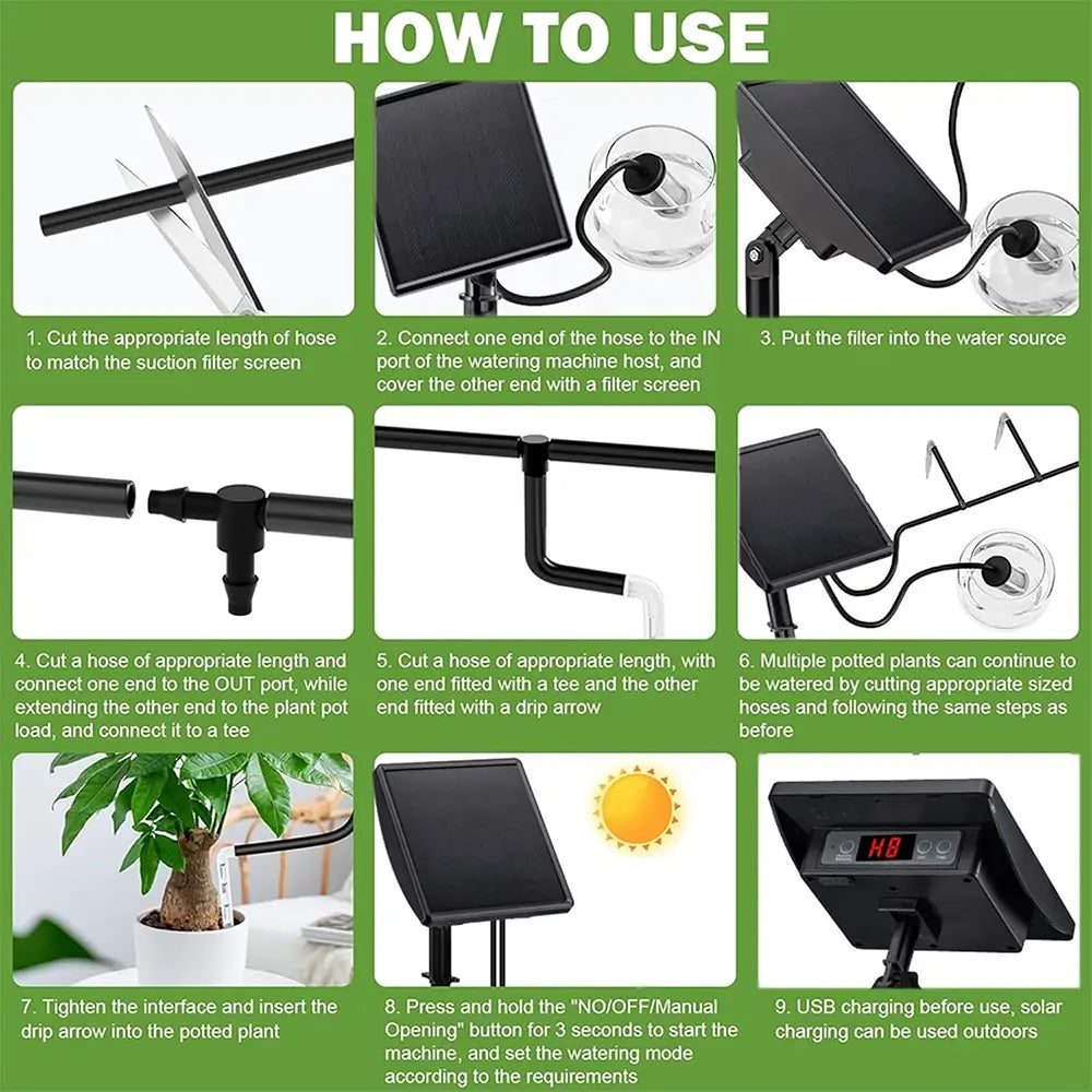 A green 'HOW TO USE' instructional graphic with eight numbered panels showing how to connect and water a solar plant pot feeder and filter system, including a plant, hose, machine, solar panel, and digital display.