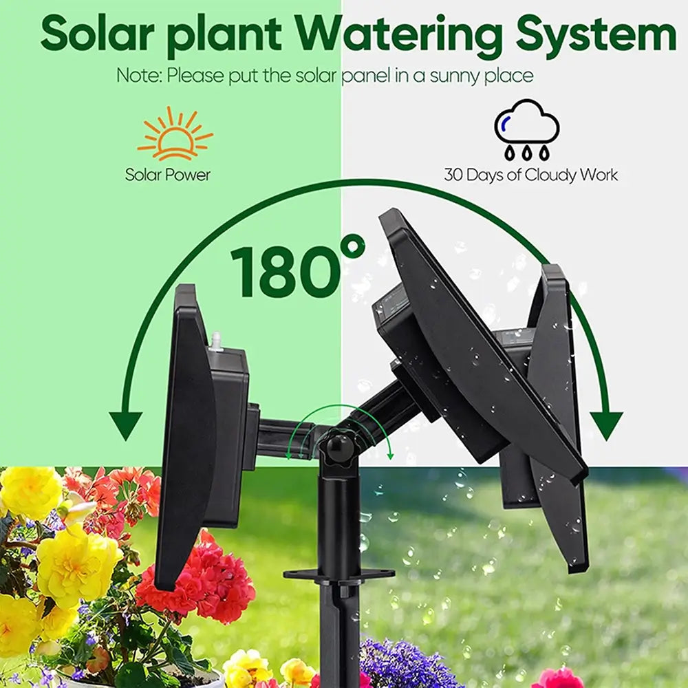 Solar plant watering system with solar panel and watering mechanism, set against a garden background.