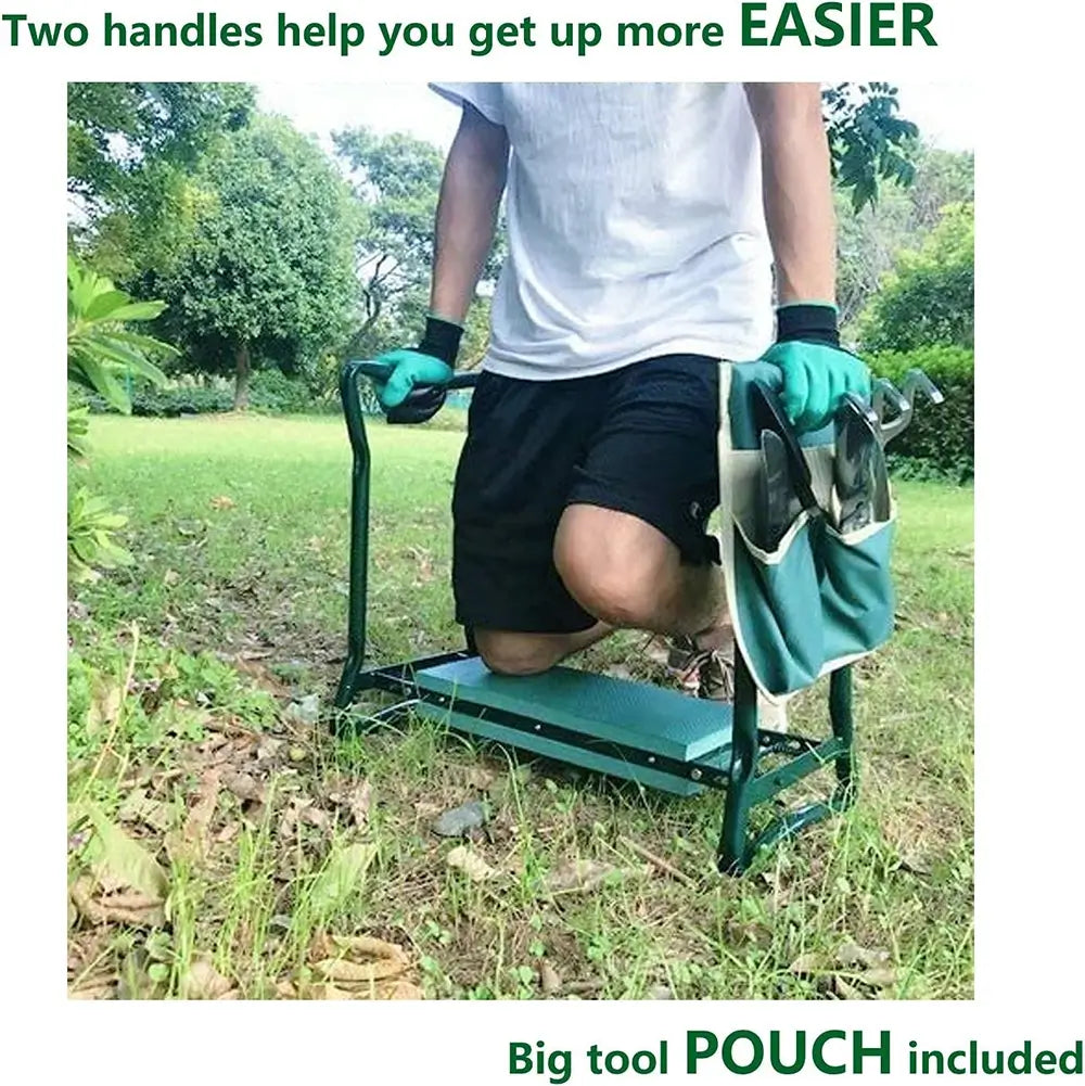 Person using a garden kneeling pad with handles in a garden setting