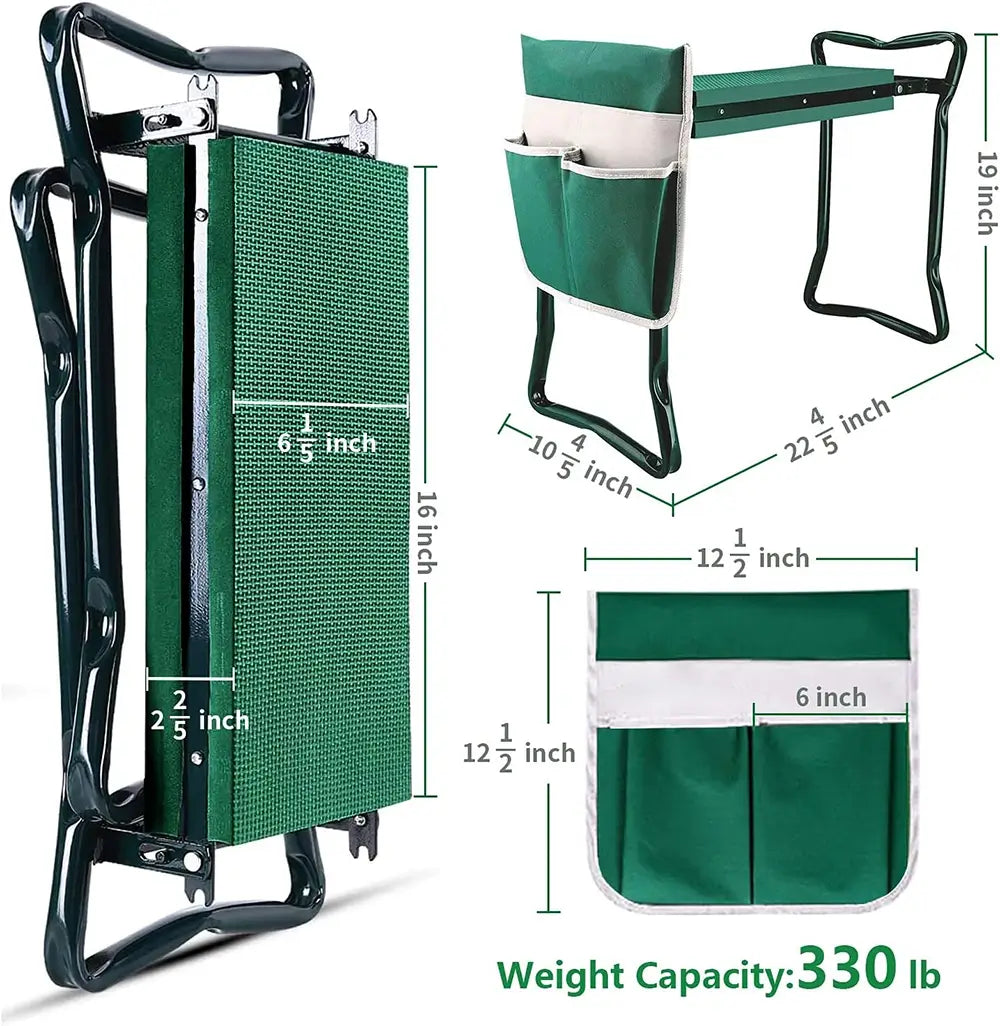 Green garden kneeler with measurements and weight capacity displayed