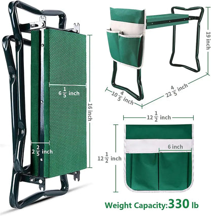 Green garden kneeler with measurements and weight capacity displayed