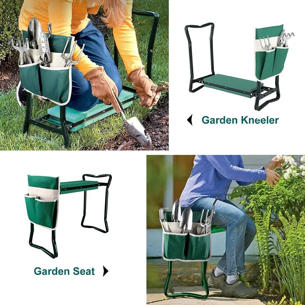 Garden kneeler and seat with gardening tools, used by people in various garden settings.