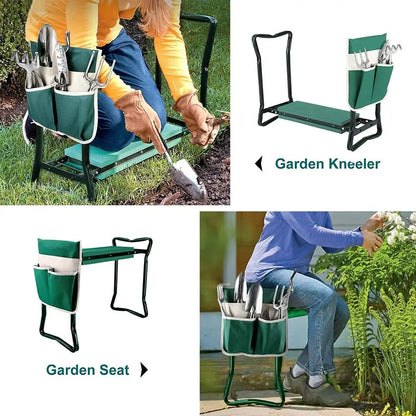 Garden kneeler and seat with gardening tools, used by people in various garden settings.