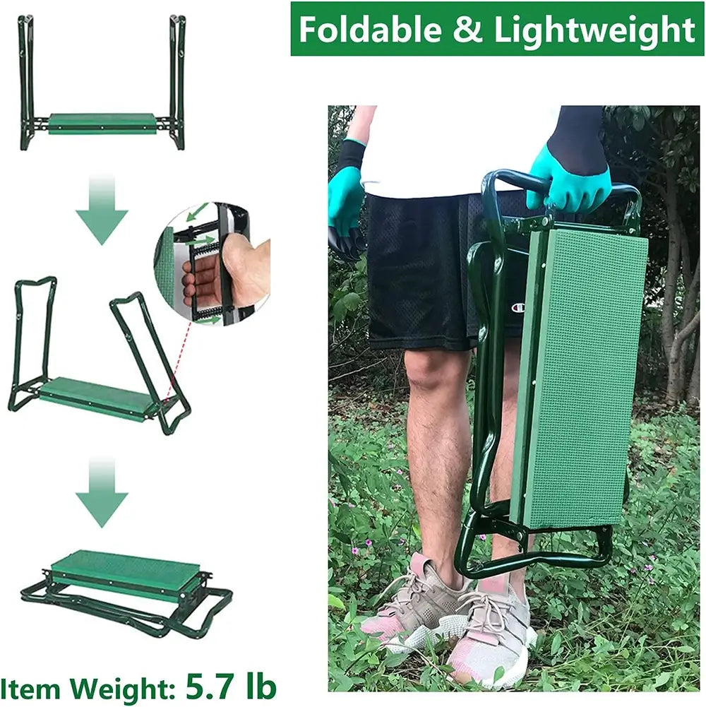 Foldable and lightweight garden kneeler with person using it outdoors.