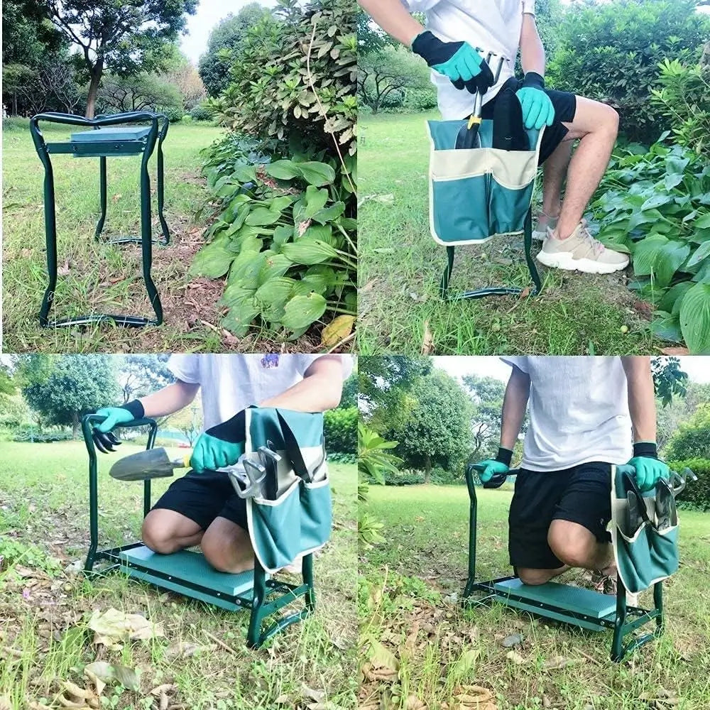 Collage of a person using a garden kneeler in a garden setting.