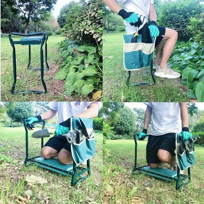 Collage of a person using a garden kneeler in a garden setting.