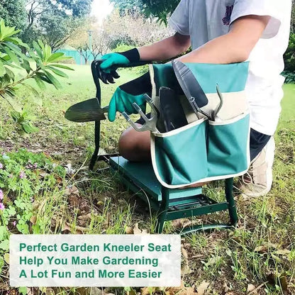 Gardening kneeler with tool pouch in a garden setting