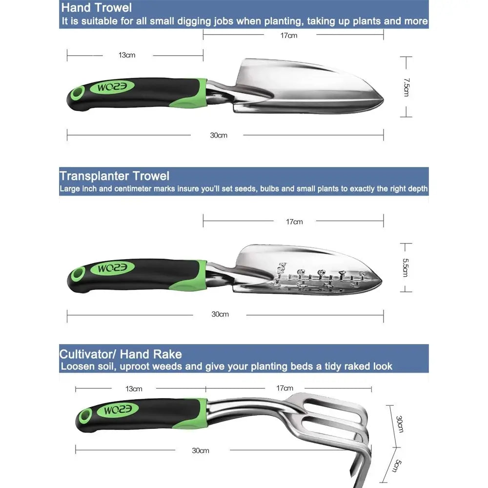Gardening tools with measurements on a white background