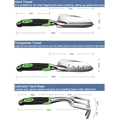 Gardening tools with measurements on a white background