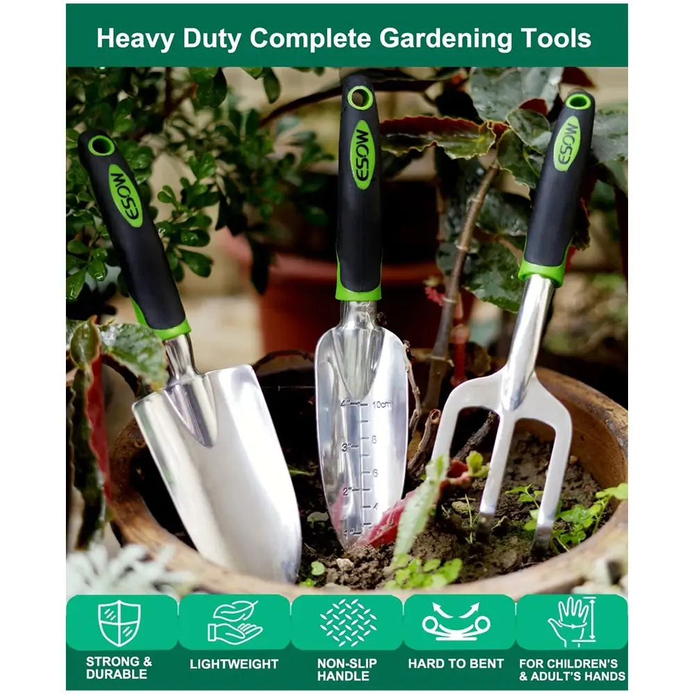 Set of gardening tools with Esonm branding on a background of plants and soil.