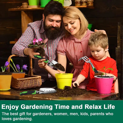 Family gardening together with text about enjoying gardening time and relaxing life.