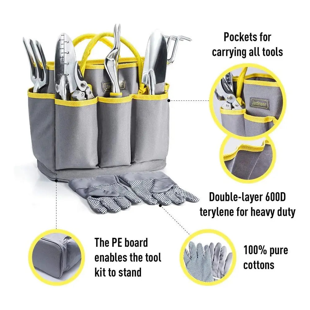 Tool bag with tools, gloves, and features highlighted on a white background