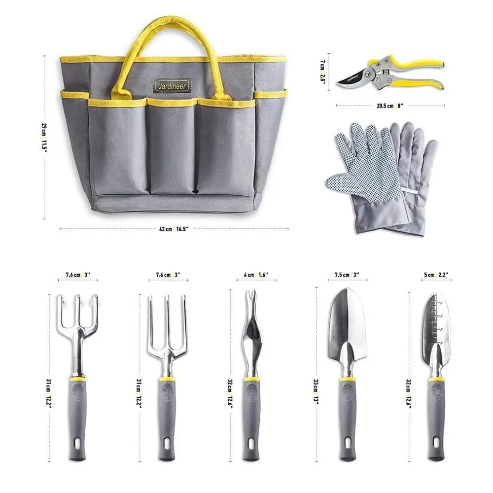 Gardening tool set with a tote bag, gloves, and various tools with measurements.