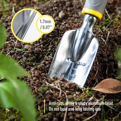 Gardening trowel with a close-up of the blade and text about its features, on a soil background.