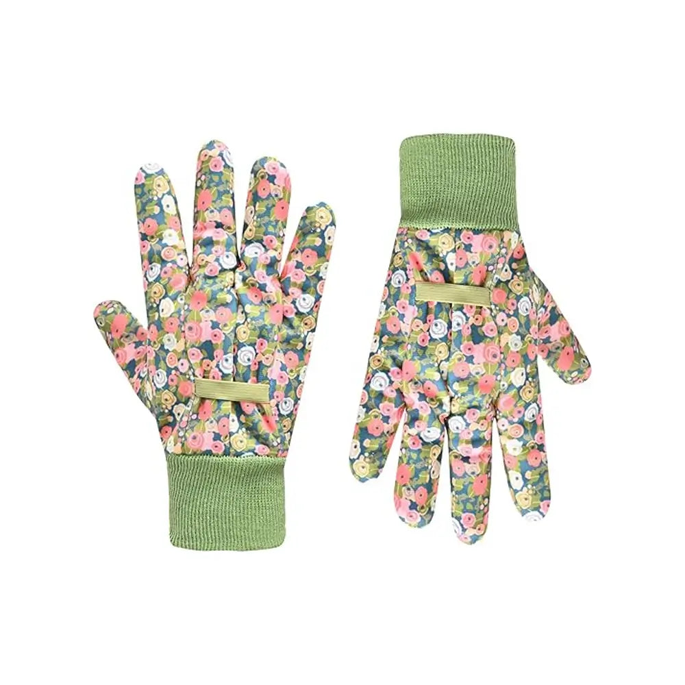 Pair of floral gardening gloves with green cuffs on a white background