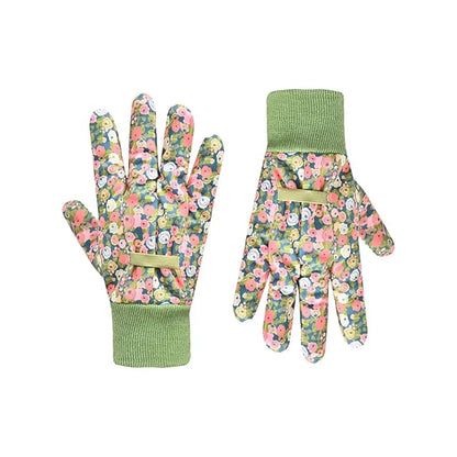Pair of floral gardening gloves with green cuffs on a white background