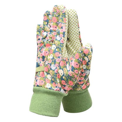 Floral patterned gardening gloves with green cuffs on a white background