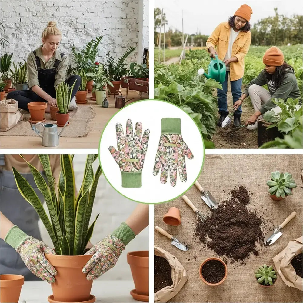 Collage of gardening activities with a focus on gardening gloves.