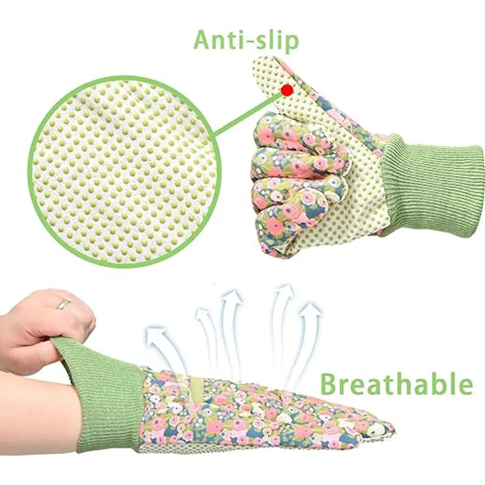 Gardening gloves with floral pattern, anti-slip surface, and breathable text on a white background