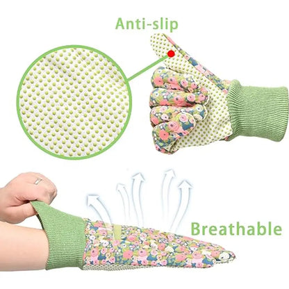 Gardening gloves with floral pattern, anti-slip surface, and breathable text on a white background