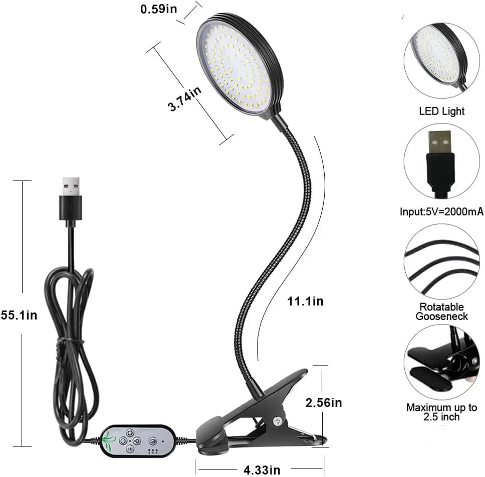 LED clip light with dimensions and features on a white background