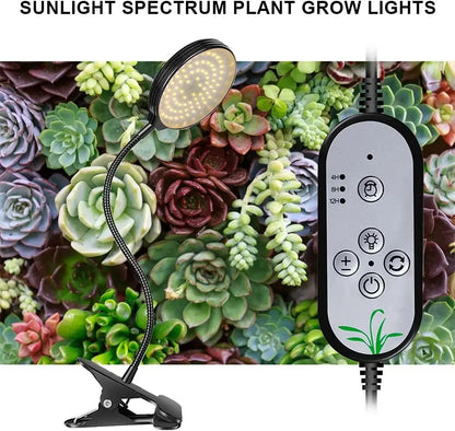 Plant grow light with control panel on a background of succulents, labeled 'Sunlight Spectrum Plant Grow Lights'.