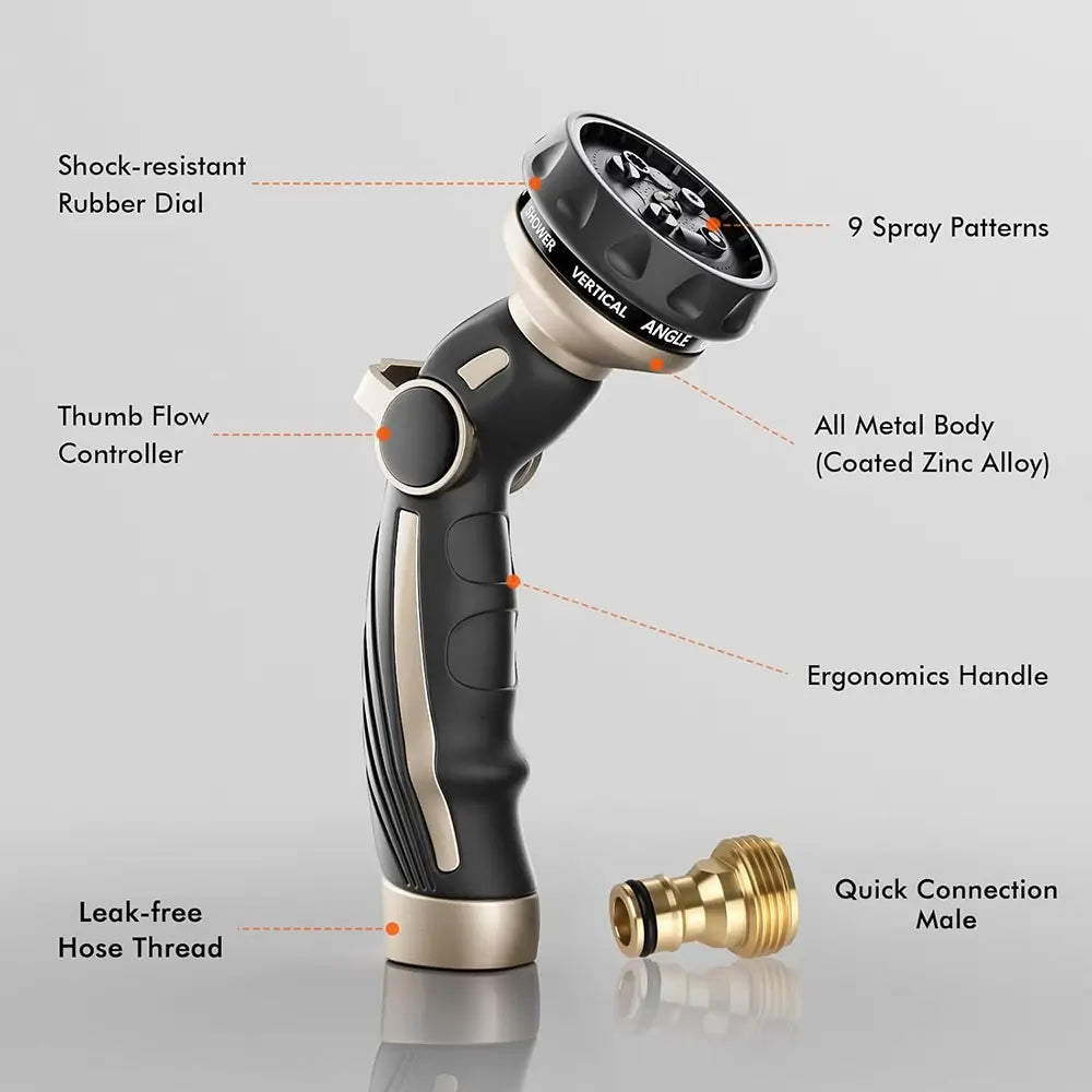 Garden hose nozzle with features highlighted on a gray background