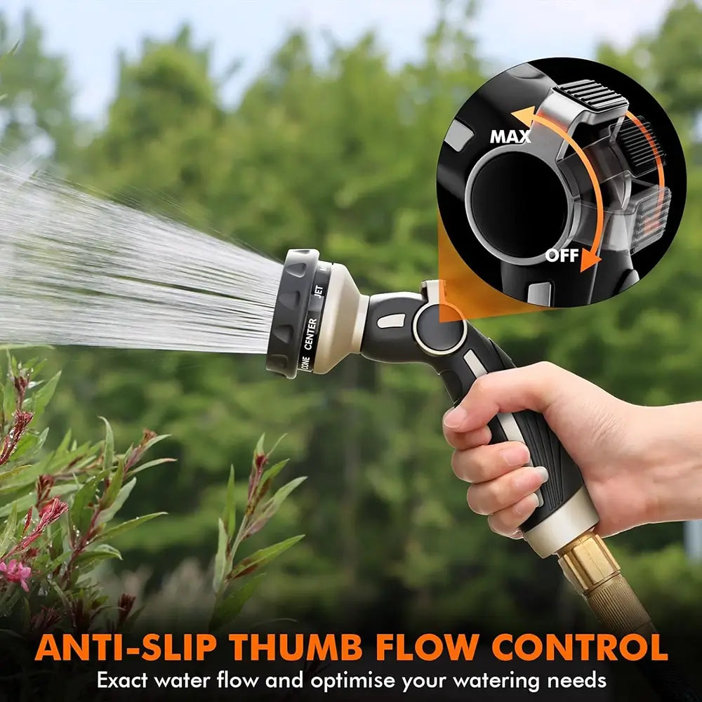 Hand holding a garden hose with water spraying out, featuring an inset diagram of the anti-slip thumb flow control.