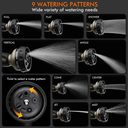 Illustration of a hose nozzle with 9 different watering patterns on a black background.
