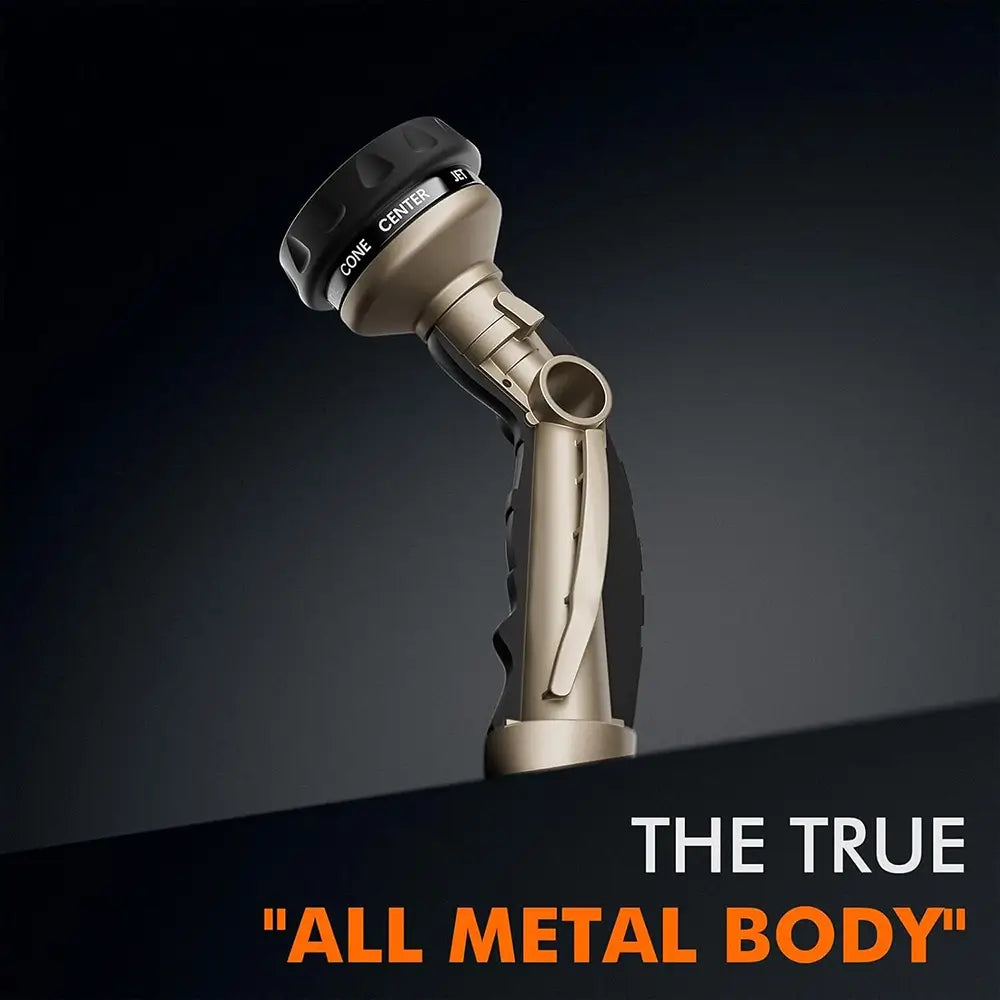 Metallic hose nozzle with 'The True All Metal Body' text on a dark background
