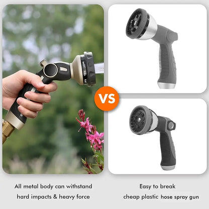 Comparison of a durable metal hose nozzle and a cheap plastic one with garden scene background.