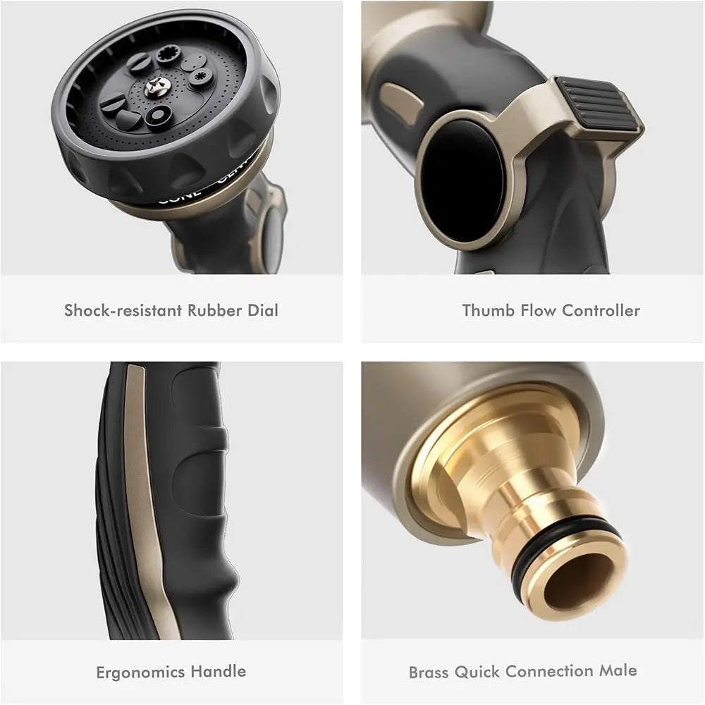 Four close-up views of a garden hose nozzle with labeled features on a white background.