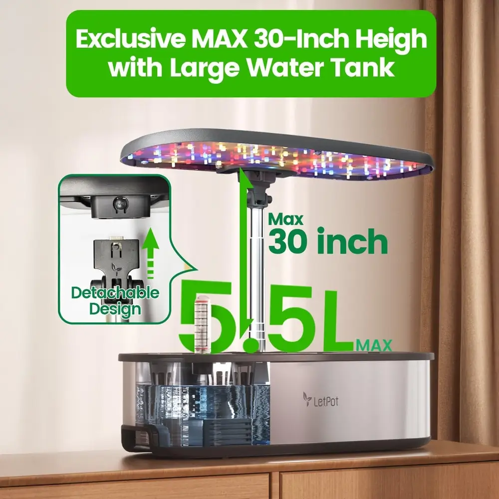 LeiPet aquarium with large water tank and LED light, featuring text on height and capacity.