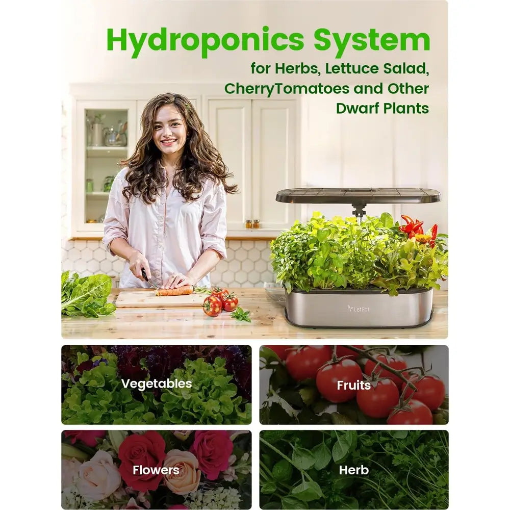 Woman in a kitchen with a hydroponics system for growing herbs, lettuce, salad, cherry tomatoes, and other dwarf plants.