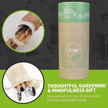 Gardening tool set with a cylindrical packaging container labeled 'Kai Bae' on a green background.