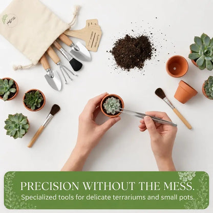 Top-down flat lay of a gardening tool set with a beige drawstring pouch, small hand tools, succulent plants, terracotta pots, soil, and tweezers being used by two hands to plant a small succulent. A green banner at the bottom reads, 'PRECISION WITHOUT THE MESS.