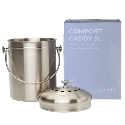 A stainless steel compost caddy bucket with a lid, shown next to its light blue packaging box labeled 'COMPOST CADDY 5L' and branded 'zenify earth' from our Indoor Garden Kit Essentials collection 