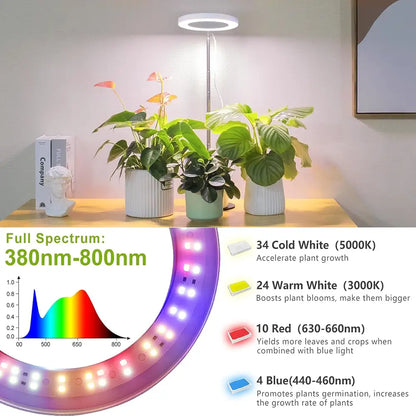 LED grow light with plants on a table and color spectrum diagram
