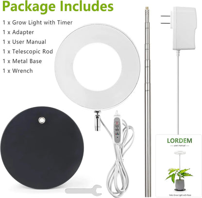 Grow light with adapter, telescopic rod, metal base, wrench, and user manual on a white background.