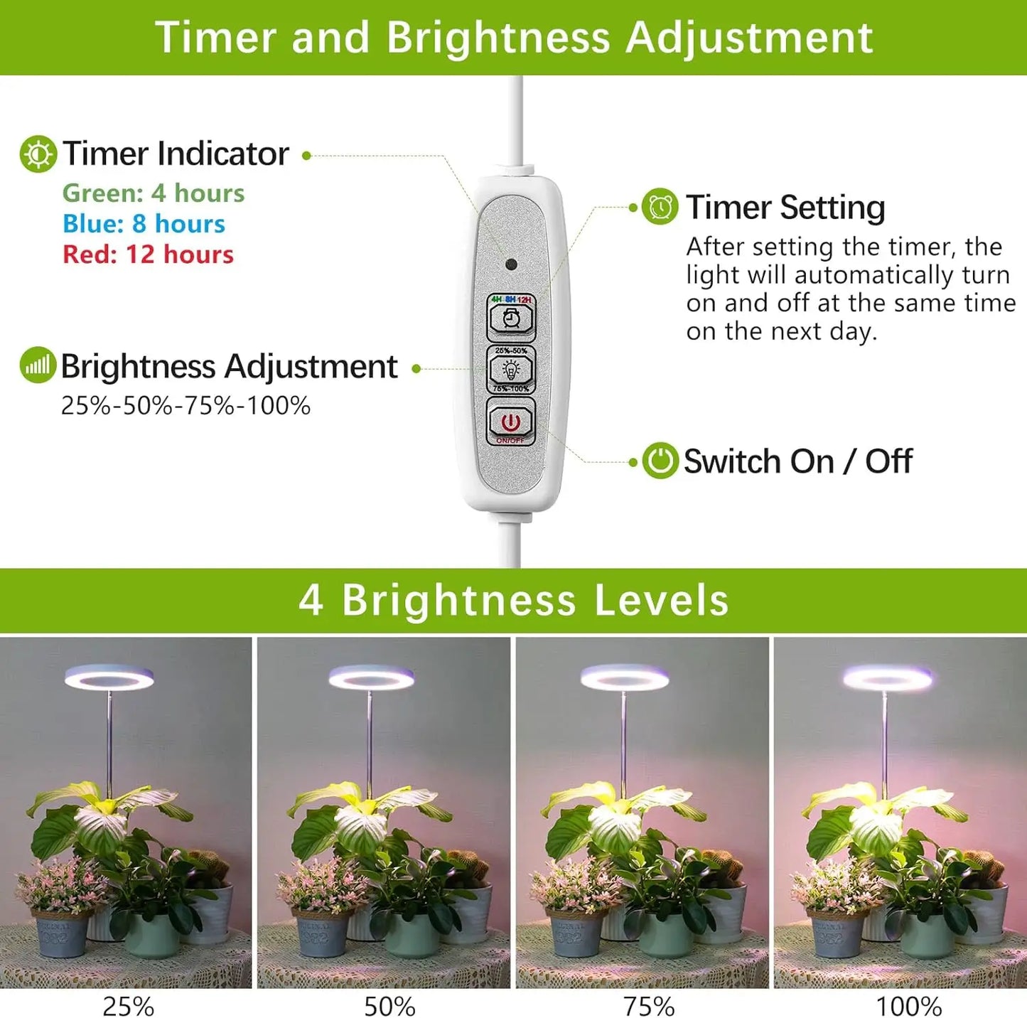 Control panel for adjusting timer and brightness with corresponding light effects on plants.