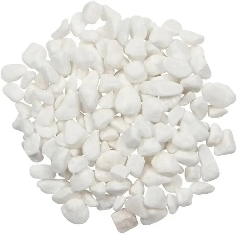 A pile of small white decorative stones or pebbles on a plain white background.
