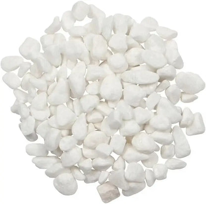 A pile of small white decorative stones or pebbles on a plain white background.