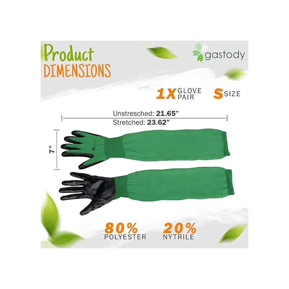 Green gloves with black cuffs on a white background, showing product dimensions and material composition.