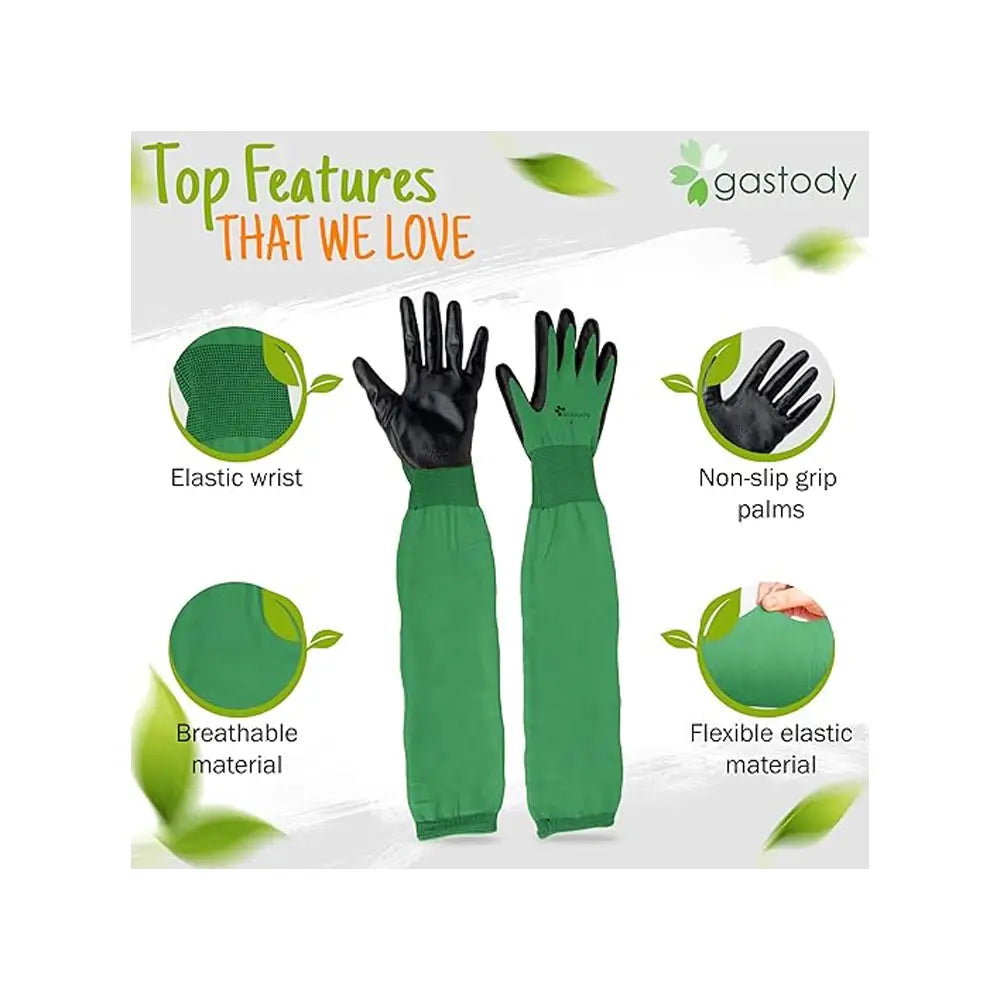 Green gardening gloves with features listed on a white background, branded 'gastody'.